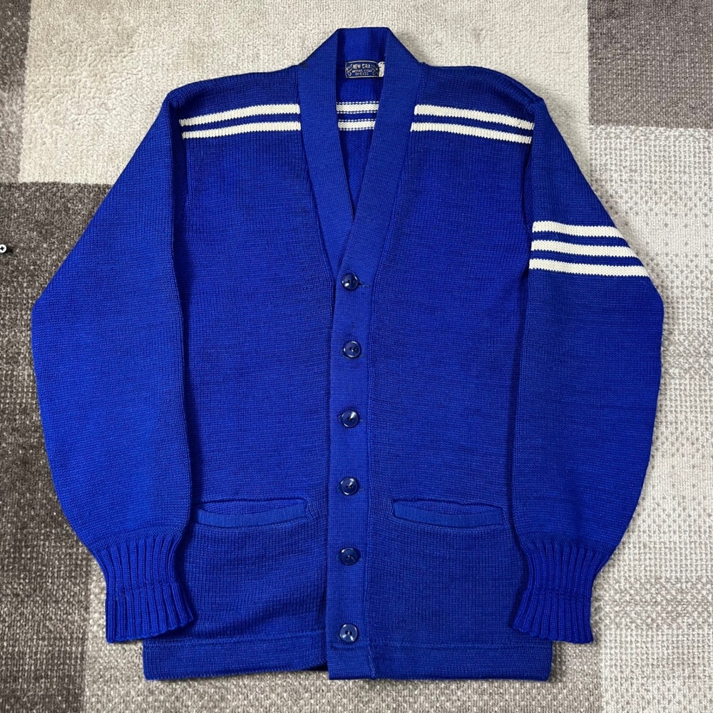 True Vintage 60s‎ New Era Bloom THS Letterman Cardigan Mens M Blue White Stripe